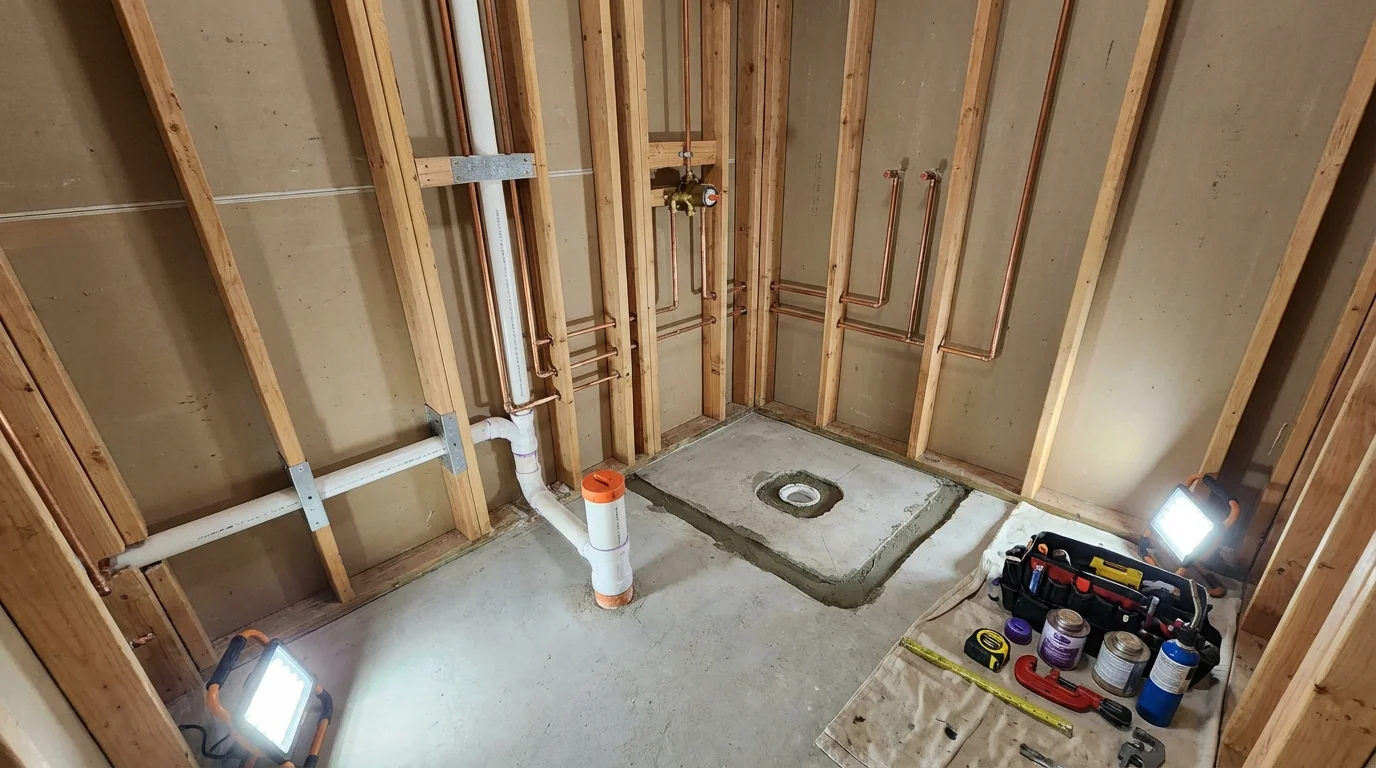Bathroom rough-in plumbing during remodel by Johns Plumbing LLC in Southborough