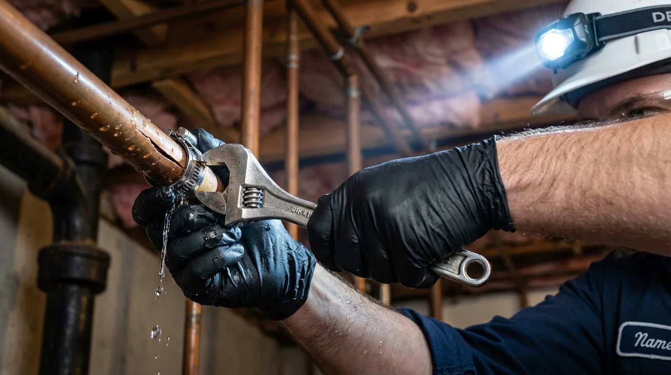 Emergency pipe clamp repair being performed by a Johns Plumbing LLC plumber in Southborough