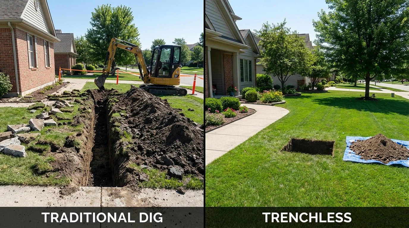Trenchless sewer repair with minimal yard damage versus traditional excavation in Southborough, MA