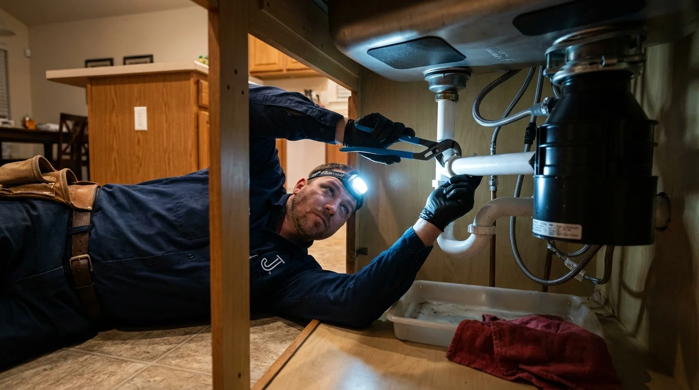 P-trap and supply line connections under a kitchen sink showing a common leak point in Southborough, MA